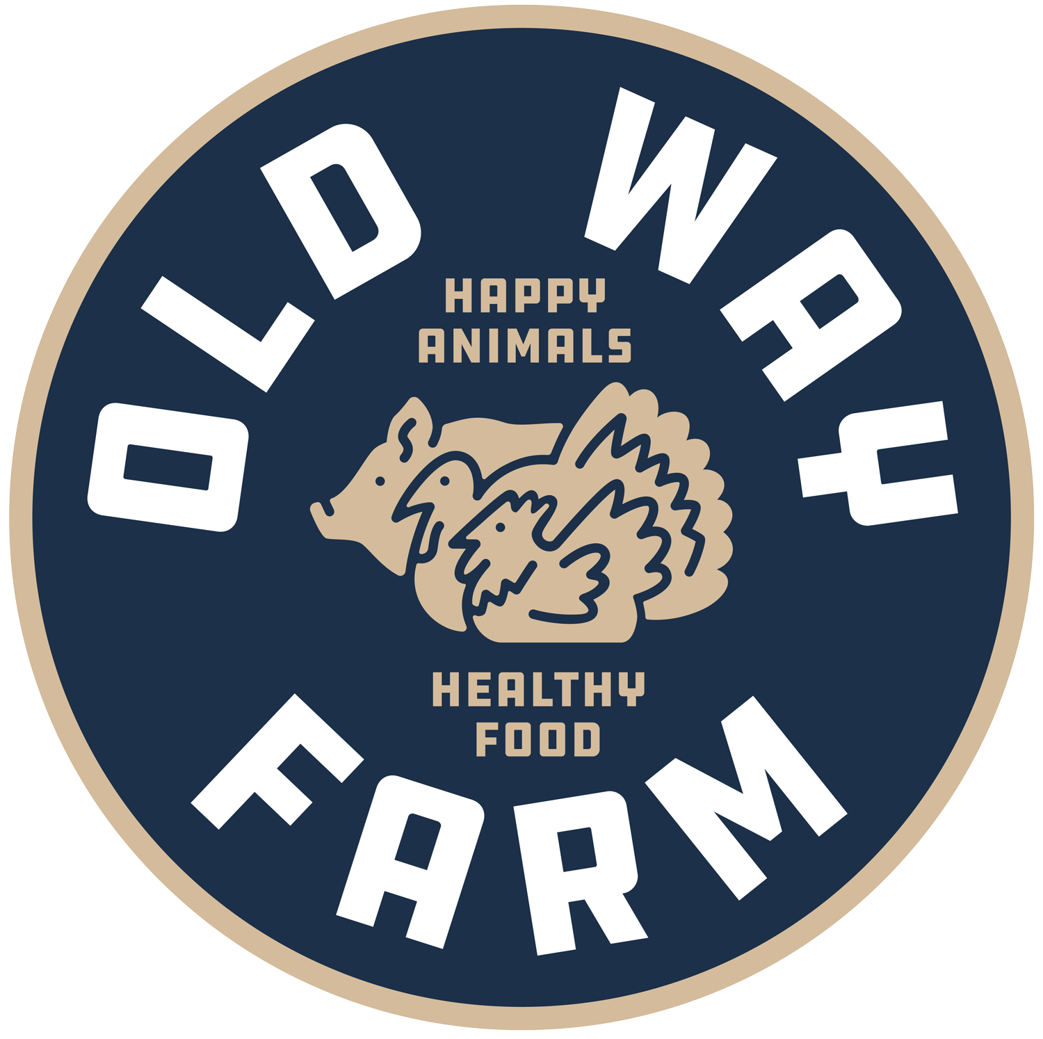 Logo_Solid Logo of Old Way Farm featuring illustrations of a pig and chickens, promoting the values of happy animals and healthy food in a circular design.